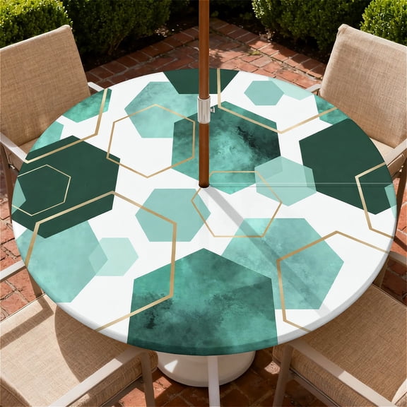 ARTSLION Round Outdoor Tablecloth For Up To 36in With Umbrella Hole & Zipper Waterproof Elastic Edge Fitted Table Cover Big Sunflower For Patio Picnic Party, Emerald Hexes