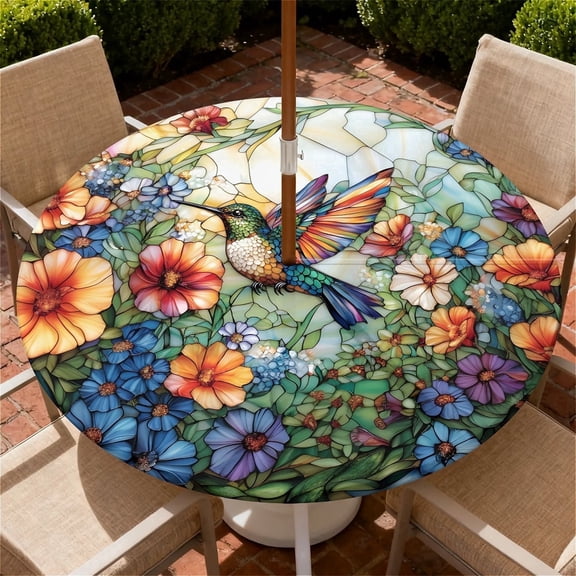 ARTSLION Round Outdoor Tablecloth For Up To 36in With Umbrella Hole & Zipper Waterproof Elastic Edge Fitted Table Cover Big Sunflower For Patio Picnic Party, Hummingbird