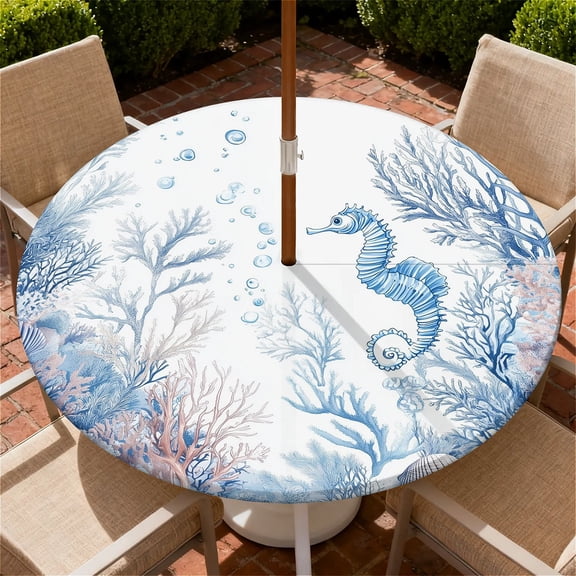 ARTSLION Round Outdoor Tablecloth For Up To 36in With Umbrella Hole & Zipper Waterproof Elastic Edge Fitted Table Cover Big Sunflower For Patio Picnic Party, Seahorse