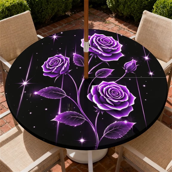 ARTSLION Round Outdoor Tablecloth For Up To 44in With Umbrella Hole & Zipper Waterproof Elastic Edge Fitted Table Cover Big Sunflower For Patio Picnic Party, Purple Roses