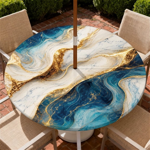 ARTSLION Round Outdoor Tablecloth For Up To 52in With Umbrella Hole & Zipper Waterproof Elastic Edge Fitted Table Cover Big Sunflower For Patio Picnic Party, Blue Gold Marble