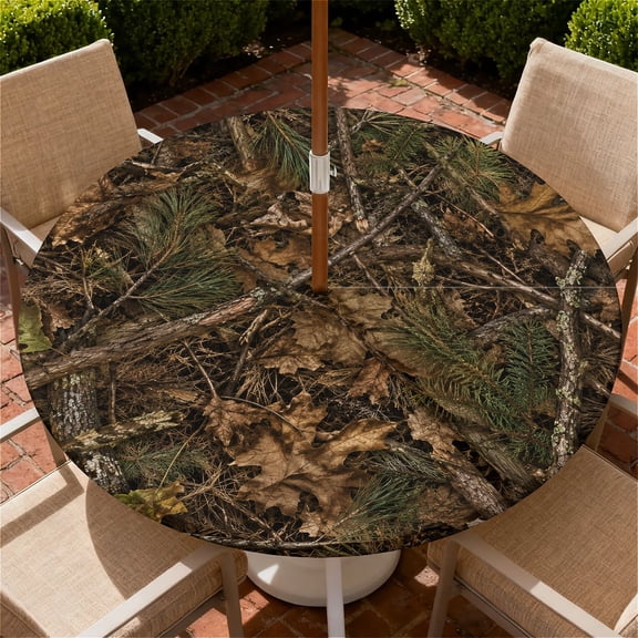 ARTSLION Round Outdoor Tablecloth For Up To 52in With Umbrella Hole & Zipper Waterproof Elastic Edge Fitted Table Cover Big Sunflower For Patio Picnic Party, Woodland Camo Texture