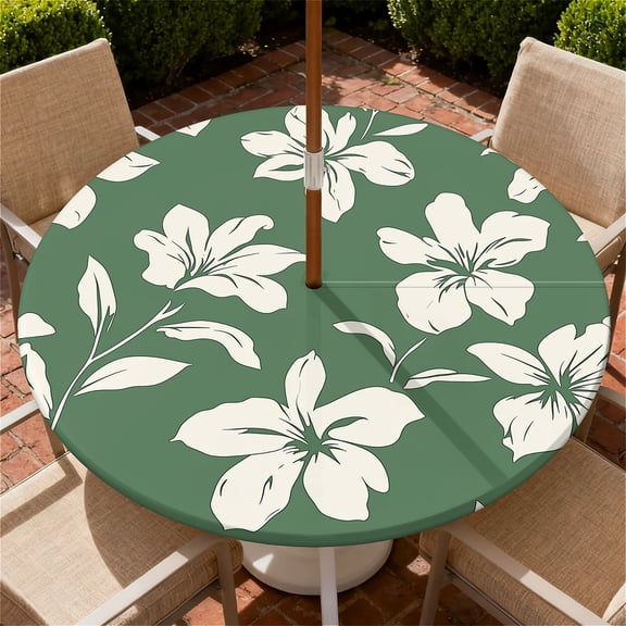 ARTSLION Round Outdoor Tablecloth For Up To 60in With Umbrella Hole & Zipper Waterproof Elastic Edge Fitted Table Cover Big Sunflower For Patio Picnic Party, Jade Lily