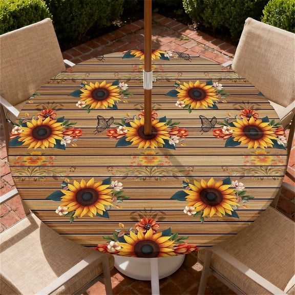 ARTSLION Round Outdoor Tablecloth For Up To 65in With Umbrella Hole & Zipper Waterproof Elastic Edge Fitted Table Cover Big Sunflower For Patio Picnic Party, Sunflower And Butterfly