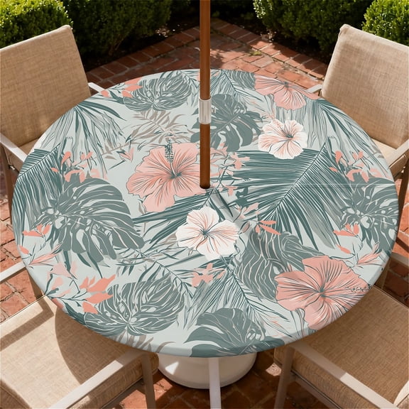 ARTSLION Round Outdoor Tablecloth with Umbrella Hole, Zippered Fitted Tablecloth with Elastic Edge, Waterproof Table Cloth Cover for Picnic Party Fits 32"-36" Round Table, Flowers1