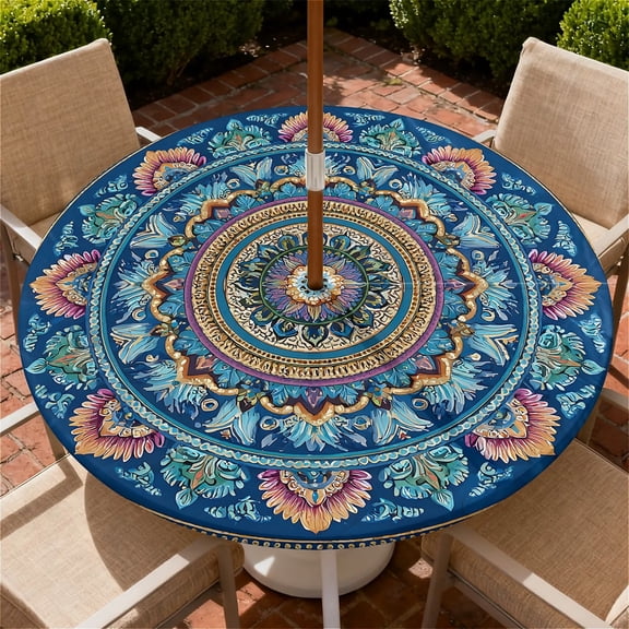 ARTSLION Round Outdoor Tablecloth with Umbrella Hole, Zippered Fitted Tablecloth with Elastic Edge, Waterproof Table Cloth Cover for Picnic Party Fits 32"-36" Round Table, Boho1