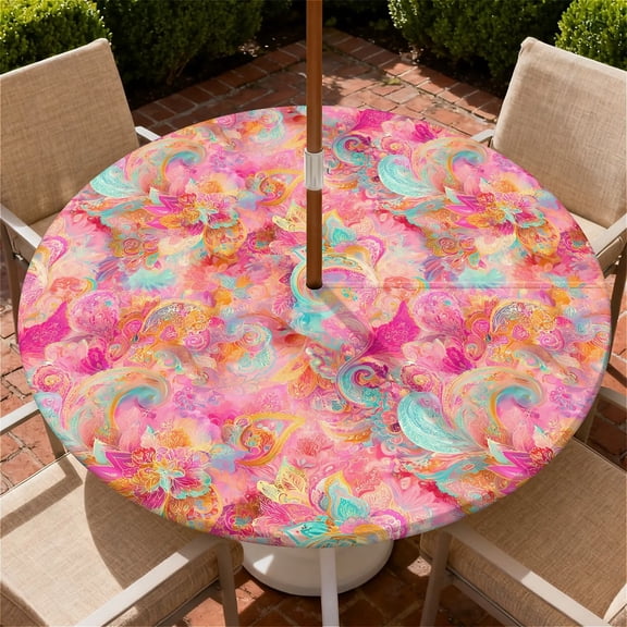 ARTSLION Round Outdoor Tablecloth with Umbrella Hole, Zippered Fitted Tablecloth with Elastic Edge, Waterproof Table Cloth Cover for Picnic Party Fits 61"-65" Round Table, Pink Cloud