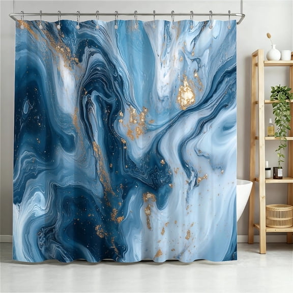 ARTSLION Shower Curtain Navy Blue Geometric Water Repellent Shower Curtain Set, With Hooks,Machine Washable, Modern Decorative Polyester Cloth Shower Curtains For Bathroom,72X72,Blue Gold