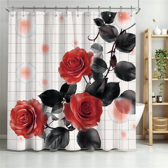 ARTSLION Shower Curtain Navy Blue Geometric Water Repellent Shower Curtain Set, With Hooks,Machine Washable, Modern Decorative Polyester Cloth Shower Curtains For Bathroom,72"x72",Red Roses