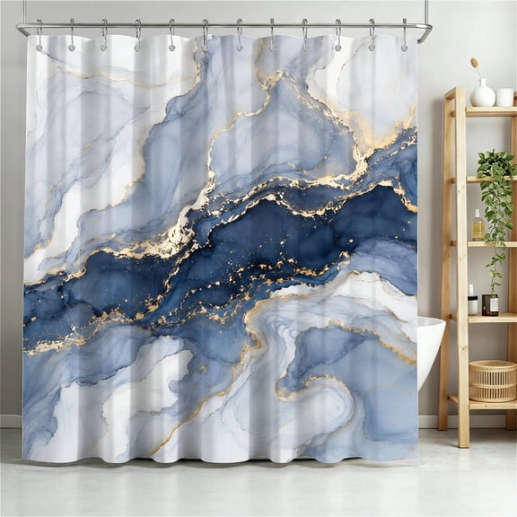 ARTSLION Shower Curtain Navy Blue Geometric Water Repellent Shower Curtain Set, With Hooks,Machine Washable, Modern Decorative Polyester Cloth Shower Curtains For Bathroom,72"x78",White Blue Marble