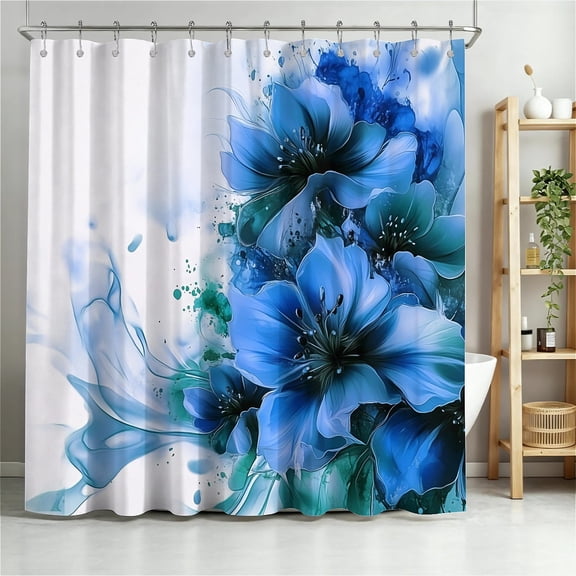 ARTSLION Shower Curtain Navy Blue Geometric Water Repellent Shower Curtain Set, With Hooks,Machine Washable, Modern Decorative Polyester Cloth Shower Curtains For Bathroom,36"x72",Sapphire Blooms