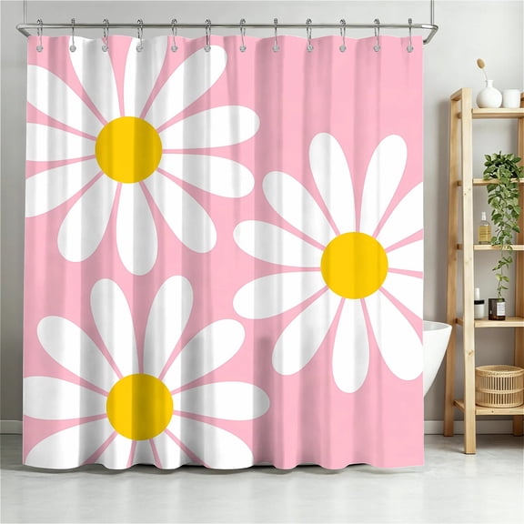 ARTSLION Shower Curtain Navy Blue Geometric Water Repellent Shower Curtain Set, With Hooks,Machine Washable, Modern Decorative Polyester Cloth Shower Curtains For Bathroom,36"x72",Pink Daisy Print