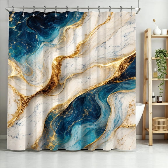 ARTSLION Shower Curtain Navy Blue Geometric Water Repellent Shower Curtain Set, With Hooks,Machine Washable, Modern Decorative Polyester Cloth Shower Curtains For Bathroom,72"x78",Blue Gold Marble