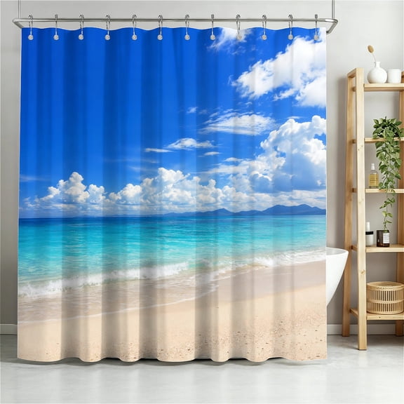 ARTSLION Shower Curtain Navy Blue Geometric Water Repellent Shower Curtain Set, With Hooks，Machine Washable, Modern Decorative Polyester Cloth Shower Curtains For Bathroom,72X72,Turquoise Beach