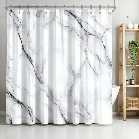ARTSLION Shower Curtain Navy Blue Geometric Water Repellent Shower Curtain Set, With Hooks,Machine Washable, Modern Decorative Polyester Cloth Shower Curtains For Bathroom,72X84,White Marble