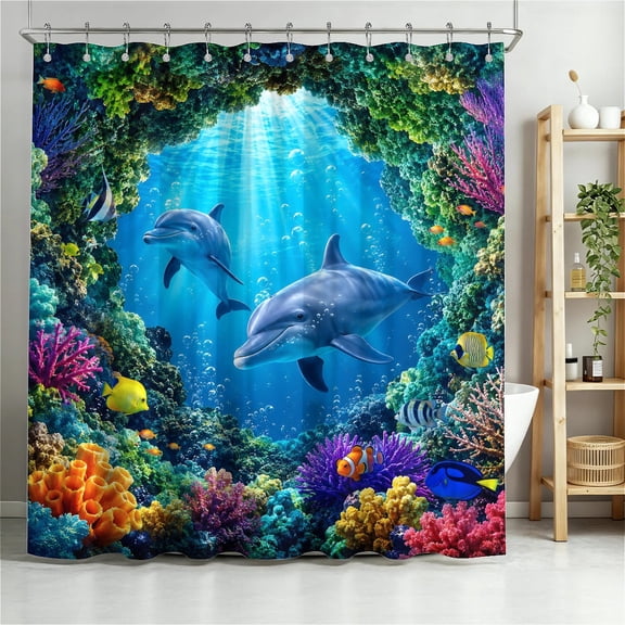 ARTSLION Shower Curtain Navy Blue Geometric Water Repellent Shower Curtain Set, With Hooks,Machine Washable, Modern Decorative Polyester Cloth Shower Curtains For Bathroom,72"x72",Underwater Dolphins