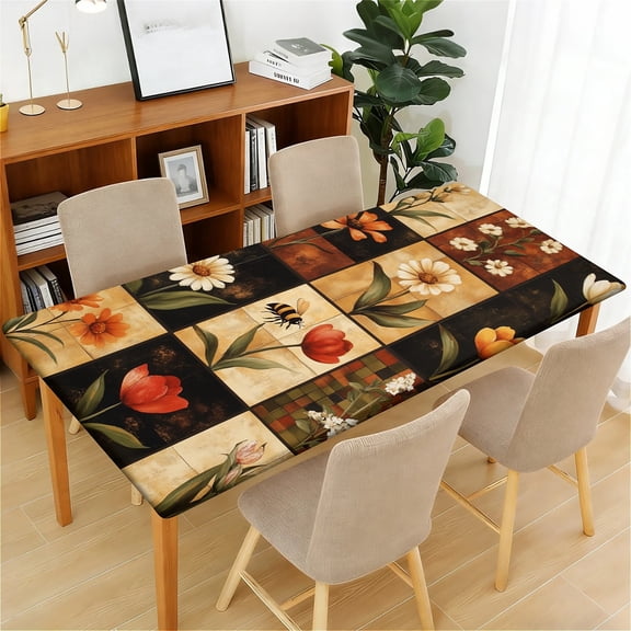 ARTSLION Waterproof Fitted Rectangle Tablecloth With Elastic Edge, Wipeable Table Cover For 6 Ft Tables, Perfect For Outdoor Picnic & Camping,24"x48",Flowers And Bee