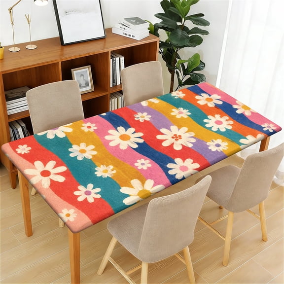 ARTSLION Waterproof Fitted Rectangle Tablecloth With Elastic Edge, Wipeable Table Cover For 6 Ft Tables, Perfect For Outdoor Picnic & Camping,24x48in,Rainbow Stripe