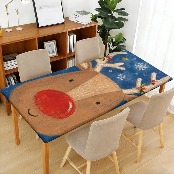 ARTSLION Waterproof Fitted Rectangle Tablecloth With Elastic Edge, Wipeable Table Cover For Rectangle Tables, Perfect For Outdoor Picnic & Camping,24x48in,Rudolph Face