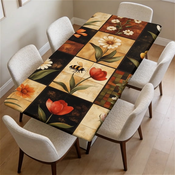 ARTSLION Waterproof Fitted Rectangle Tablecloth With Elastic Edge, Wipeable Table Cover For 6 Ft Tables, Perfect For Outdoor Picnic & Camping,30"x72",Flowers And Bee