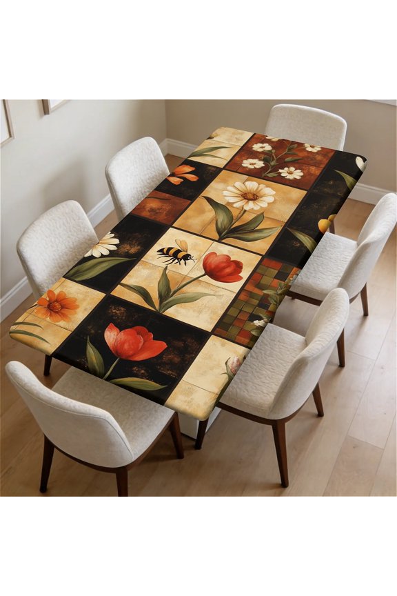 Waterproof Fitted Rectangle Tablecloth With Elastic Edge, Wipeable Table Cover For 6 Ft Tables, Perfect For Outdoor Picnic & Camping,30"x72",Flowers And Bee
