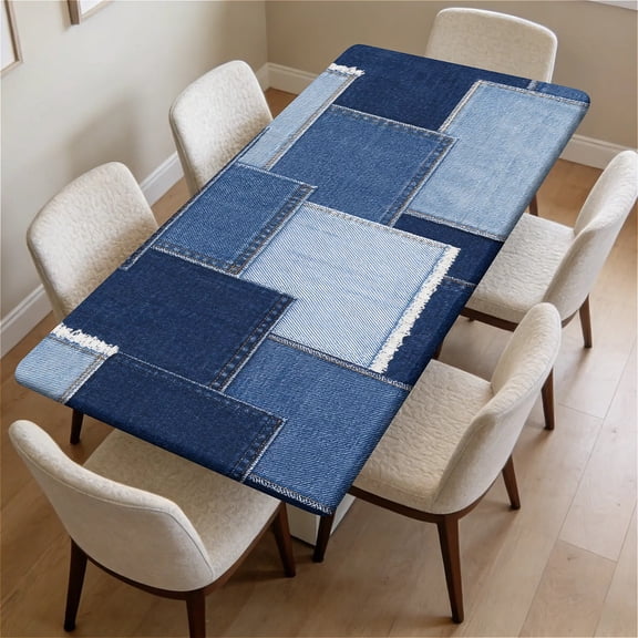 ARTSLION Waterproof Fitted Rectangle Tablecloth With Elastic Edge, Wipeable Table Cover For 6 Ft Tables, Perfect For Outdoor Picnic & Camping,30x72in,Denim Patch