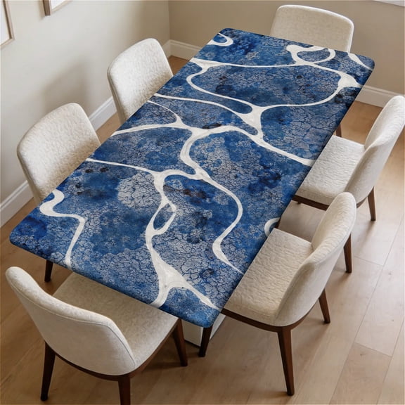 ARTSLION Waterproof Fitted Rectangle Tablecloth With Elastic Edge, Wipeable Table Cover For 6 Ft Tables, Perfect For Outdoor Picnic & Camping,30x72in,Navy Marble