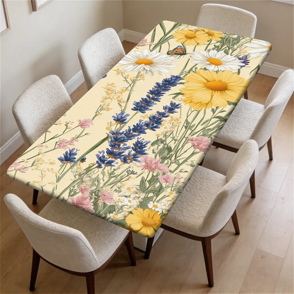 ARTSLION Waterproof Fitted Rectangle Tablecloth With Elastic Edge, Wipeable Table Cover For 6 Ft Tables, Perfect For Outdoor Picnic & Camping,30x72in,Wildflower Joy