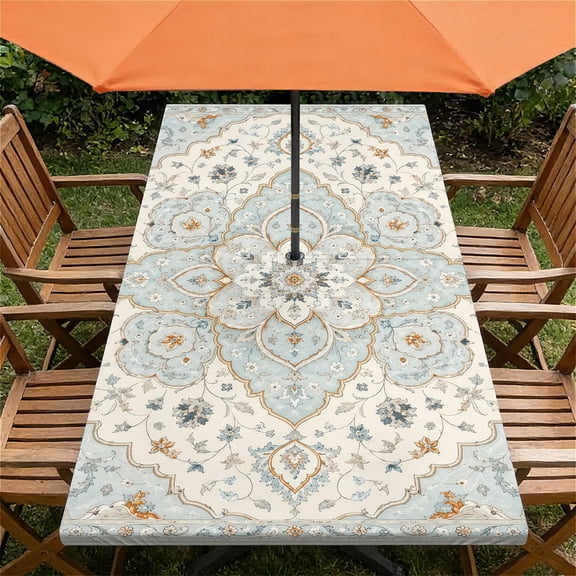 ARTSLION Waterproof Fitted Rectangle Tablecloth With Elastic Edge, Wipeable Table Cover For 6 Ft Tables With Umbrella Hole, Perfect For Outdoor Picnic & Camping,24x48 In,Boho Medallion