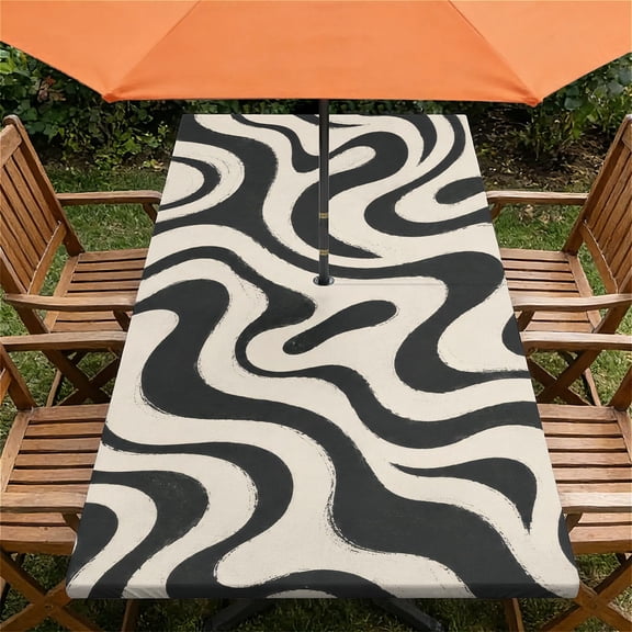 ARTSLION Waterproof Fitted Rectangle Tablecloth With Elastic Edge, Wipeable Table Cover For 6 Ft Tables With Umbrella Hole, Perfect For Outdoor Picnic & Camping,24x48 In,Black White Swirl