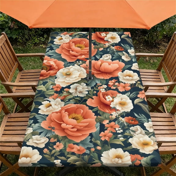 ARTSLION Waterproof Fitted Rectangle Tablecloth With Elastic Edge, Wipeable Table Cover For 6 Ft Tables With Umbrella Hole, Perfect For Outdoor Picnic & Camping,24x48 In,Botanical Garden