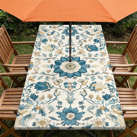 ARTSLION Waterproof Fitted Rectangle Tablecloth With Elastic Edge, Wipeable Table Cover For 6 Ft Tables With Umbrella Hole, Perfect For Outdoor Picnic & Camping,24x48 In,Boho 2