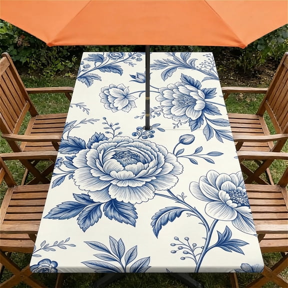 ARTSLION Waterproof Fitted Rectangle Tablecloth With Elastic Edge, Wipeable Table Cover For 6 Ft Tables With Umbrella Hole, Perfect For Outdoor Picnic & Camping,24x48 In,Blue Peony