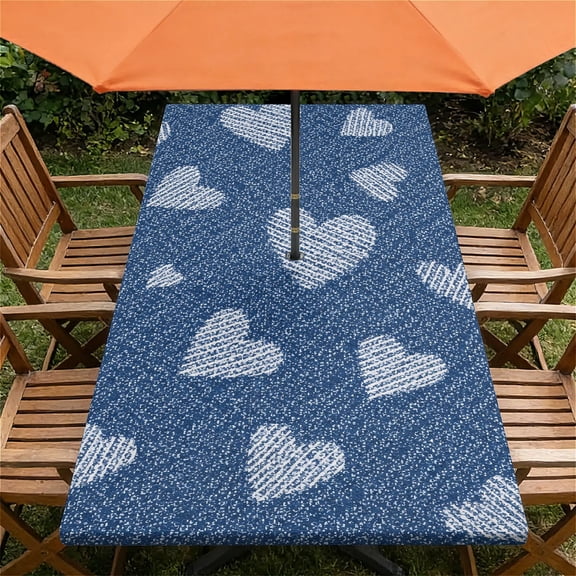 ARTSLION Waterproof Fitted Rectangle Tablecloth With Elastic Edge, Wipeable Table Cover For 6 Ft Tables With Umbrella Hole, Perfect For Outdoor Picnic & Camping,24x48 In,Denim Hearts