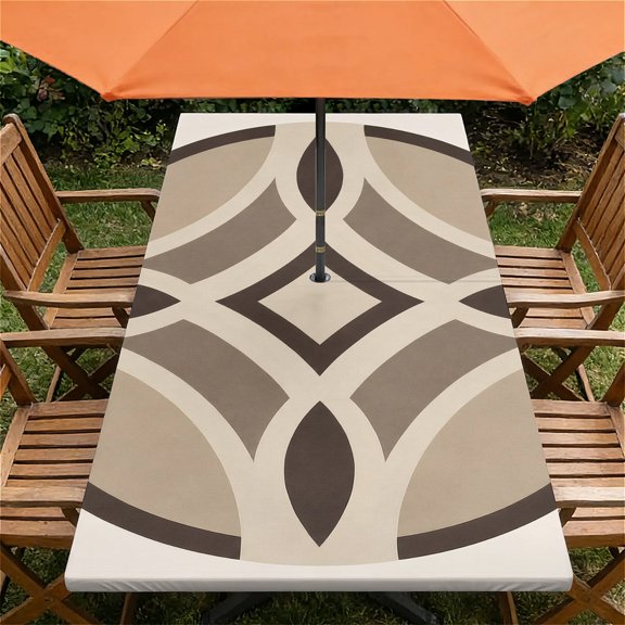 ARTSLION Waterproof Fitted Rectangle Tablecloth With Elastic Edge, Wipeable Table Cover For 6 Ft Tables With Umbrella Hole, Perfect For Outdoor Picnic & Camping,24x48 In,Neutral Medallion