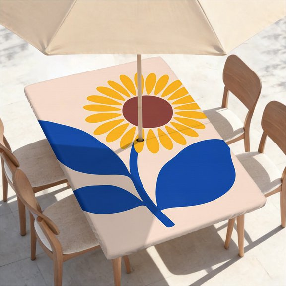 ARTSLION Waterproof Fitted Rectangle Tablecloth With Elastic Edge, Wipeable Table Cover For 6 Ft Tables With Umbrella Hole, Perfect For Outdoor Picnic & Camping,30x48 In,Minimal Sunflower