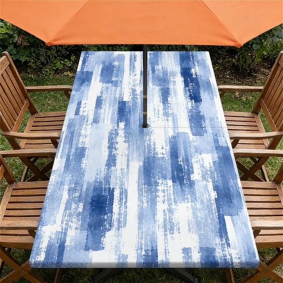 ARTSLION Waterproof Fitted Rectangle Tablecloth With Elastic Edge, Wipeable Table Cover For 6 Ft Tables With Umbrella Hole, Perfect For Outdoor Picnic & Camping,30x60 In,Blue Streak