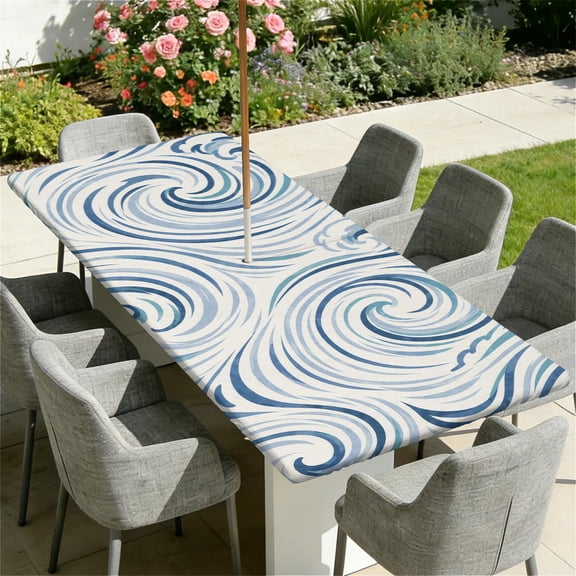 ARTSLION Waterproof Fitted Rectangle Tablecloth With Elastic Edge, Wipeable Table Cover For 6 Ft Tables With Umbrella Hole, Perfect For Outdoor Picnic & Camping,30x72 In,Blue Swirl