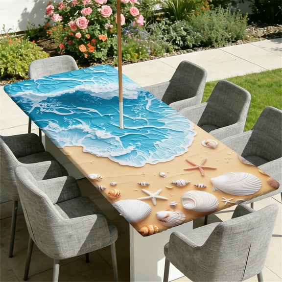 ARTSLION Waterproof Fitted Rectangle Tablecloth With Elastic Edge, Wipeable Table Cover For 6 Ft Tables With Umbrella Hole, Perfect For Outdoor Picnic & Camping,30x72 In,Beautiful Beach