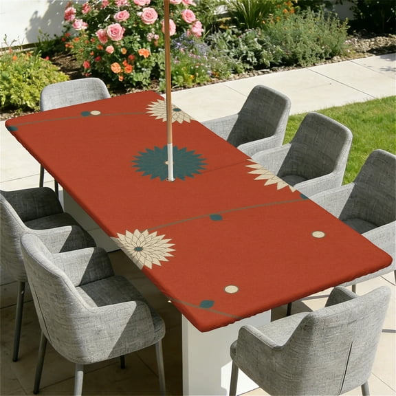 ARTSLION Waterproof Fitted Rectangle Tablecloth With Elastic Edge, Wipeable Table Cover For 6 Ft Tables With Umbrella Hole, Perfect For Outdoor Picnic & Camping,30x72 In,Rust Burst