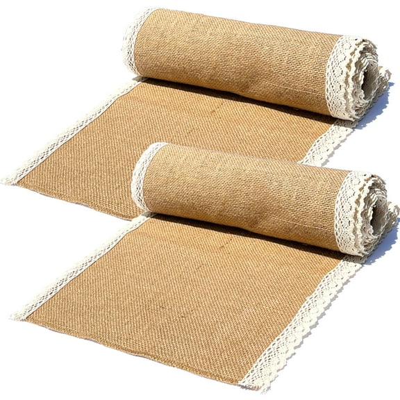ARTSY CRAFTS 2 pk 13x108 Burlap Table Runner with Cotton Crochet Lace, 100% Natural Jute Burlap Runner for Boho Wedding Rustic Thanksgiving Christmas Party