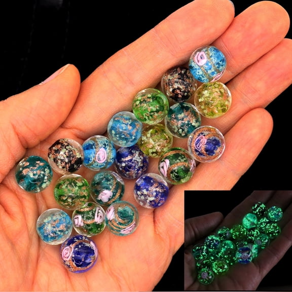 ARTSY CRAFTS 40 Pcs Assorted Blue Lampwork Glass Beads, Glow in The Dark European Lampwork Beads, Luminous Glodsand Beads for Jewelry Making Charm Bracelet Necklace Earrings