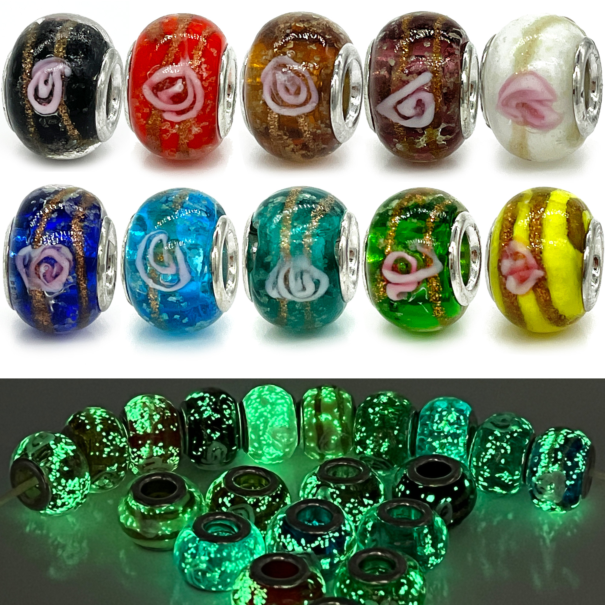 Artsy Crafts 20 Pcs Assorted Glow in The Dark Firefly Large Hole Beads, Luminous European Lampwork Glass Beads, Loose Crystal Beads for Jewelry