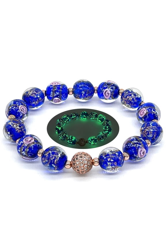 Glow in The Dark Beads Bracelet 6-7", Sapphire Blue Firefly Beads Stretch Bracelet for Women, Luminous Murano Glass Beads Healing Crystal Bracelets