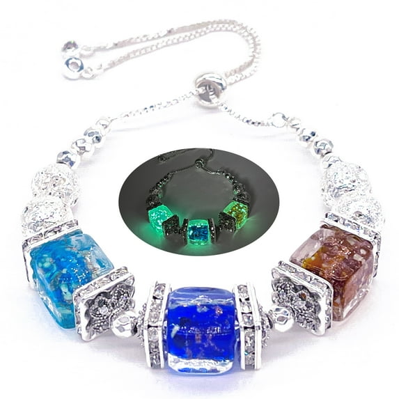 ARTSY Crafts Glow in The Dark Firefly Beads Bracelets, Murano Glass Beads Square Cube Crystal Beads Birthstone Bracelets Necklaces for Women Girls, Adjustable Slider Chain Bracelet