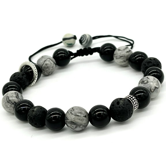 ARTSY Crafts Macrame Shamballa Wrapped Bracelet, Natural Gemstone Bracelets for Men - 10mm Grey Map