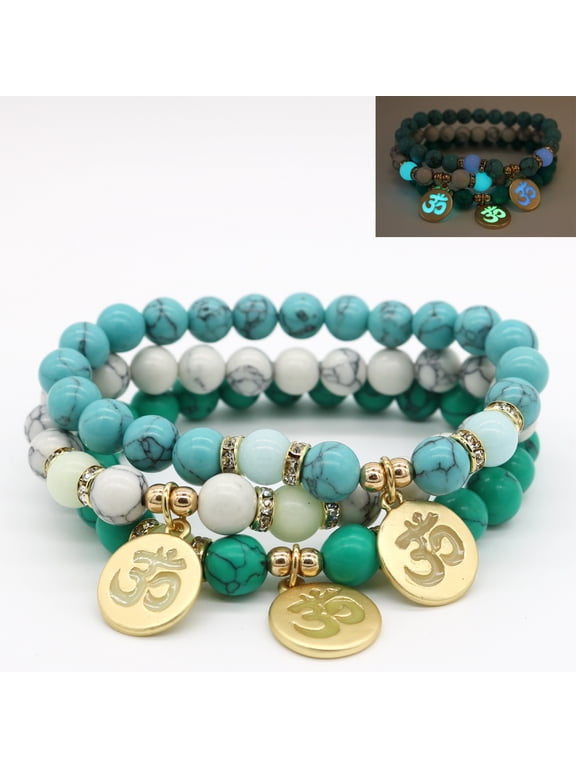 Pack of 3 Glow in The Dark Bead Bracelets for Women, 8mm Howlite Yoga Meditation Healing Crystal Stones Charm Bracelets with Mantra OM Charm