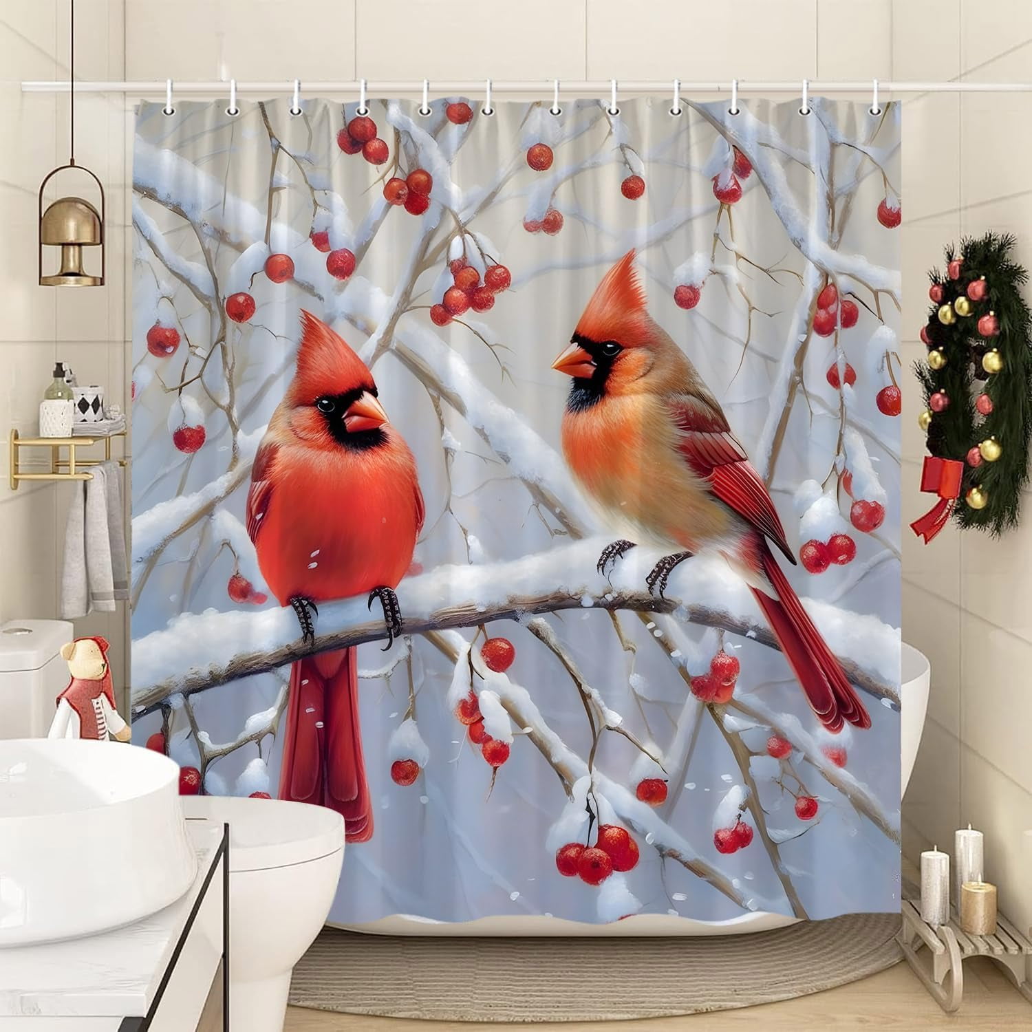 ARTTEAL Christmas Bird Shower Curtain Winter Forest Berry Red Bird Snowflake Rustic Xmas Oil