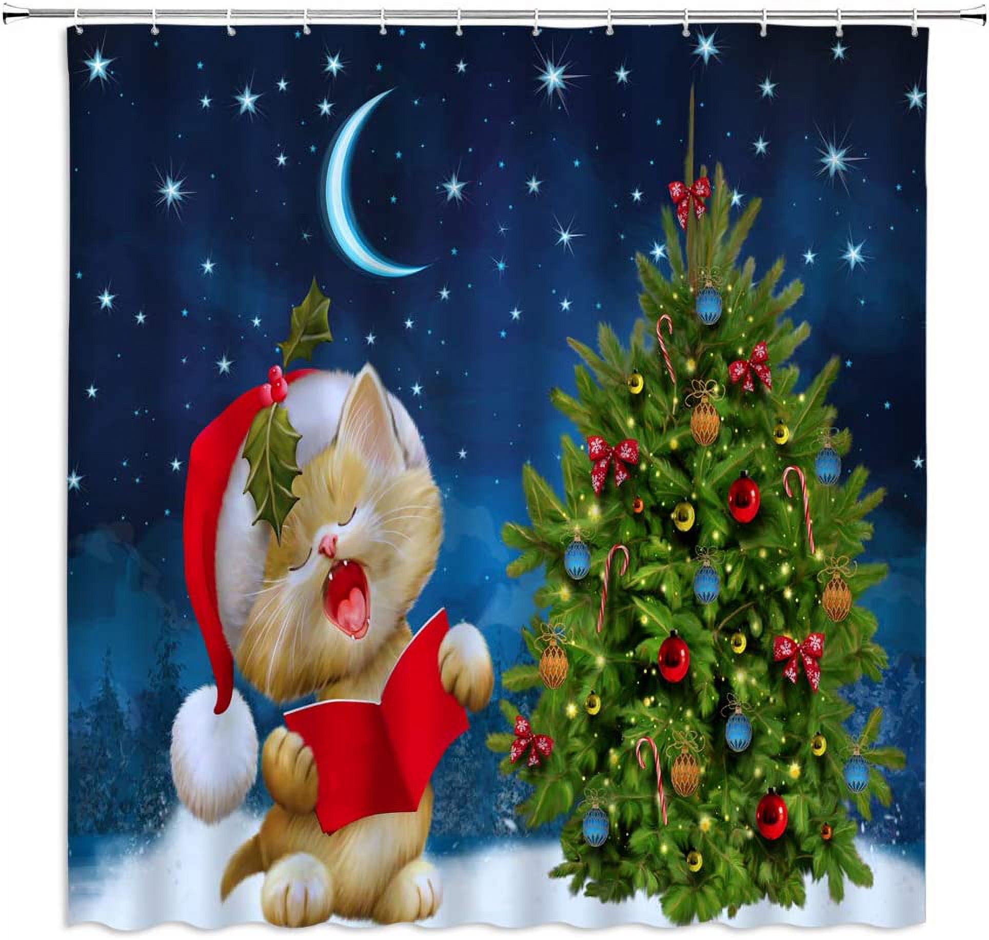 ARTTEAL Christmas Cat Shower Curtain Merry Christmas Cute Kitty Kitten