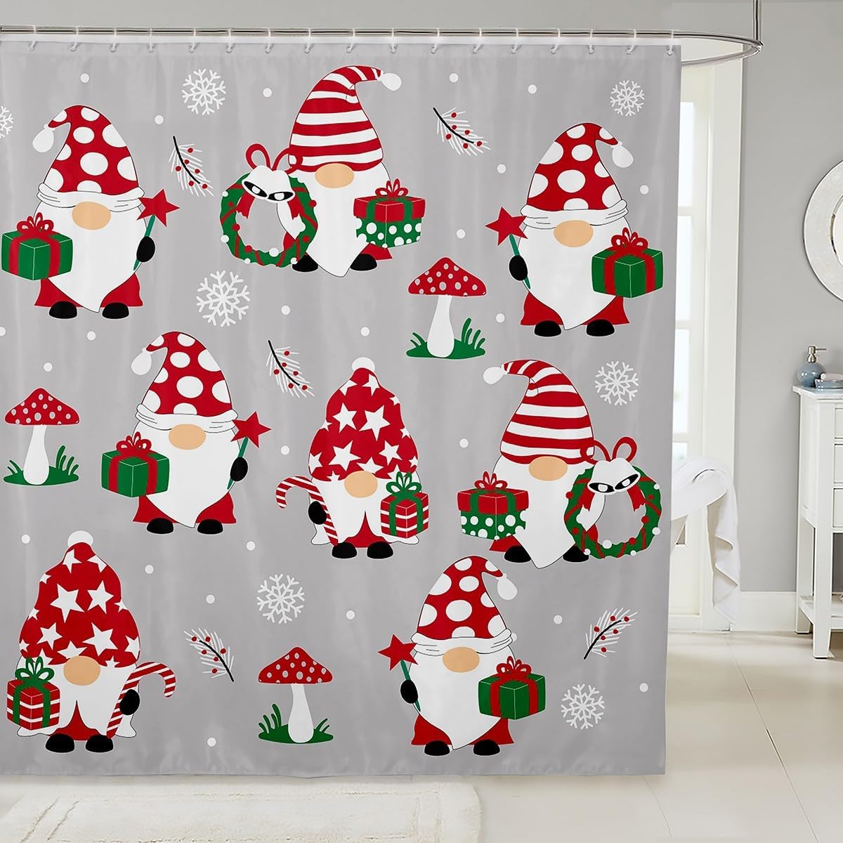 ARTTEAL Christmas Santa Gnome Bath Curtain 72x72 inch Red Mushroom